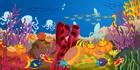 Poster Im Rahmen Tintenfisch und Korallen im Wasser © GraphicsRF