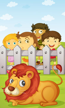 kids watching lion