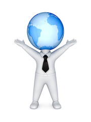 3d small person with a globe on a head.