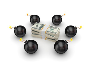 Black bombs around big dollar pack.