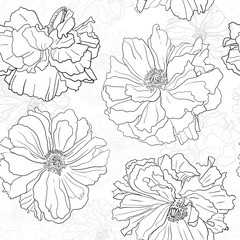 Hand drawn floral wallpaper with poppy flowers