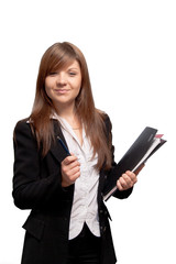 Smiling young pretty businesswoman with documents isolated