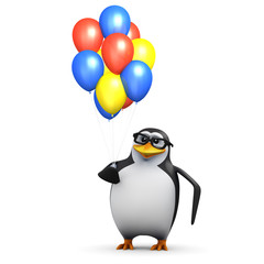 3d Penguin in glasses with colourful balloons