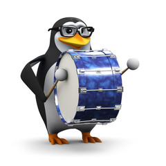 3d Penguin in glasses plays a big bass drum