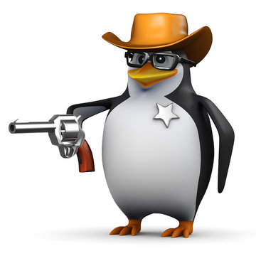 3d Penguin in glasses and sheriff hat with gun