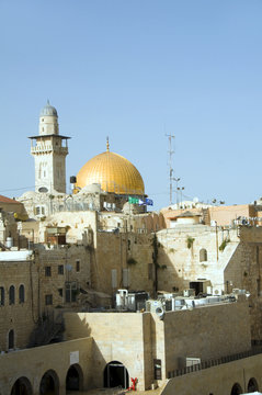 Dome of The Rock and  Ghawanima Minaret from Western Wall Jerusa