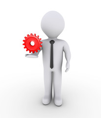 Businessman holding on air cogwheel