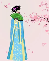 Photo sur Plexiglas Femme fleurs fleur de cerisier et une fille en costume national