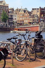 Amsterdam canals , bicycle and typical houses , Netherlands