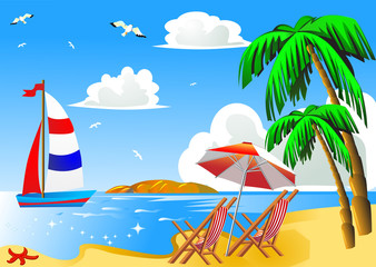 Fototapeta na wymiar sea beach with palm by sailboat chair and umbrella
