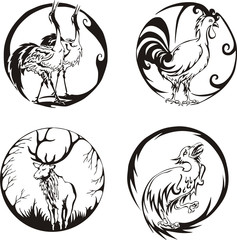 Fototapeta na wymiar Round designs with birds and animals