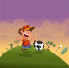 Fototapete Karikaturjunge, der mit Fußball auf grünem Park spielt © denis_pc