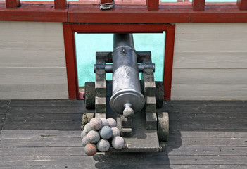 cannon with balls in a ship of Pirates of the Caribbean