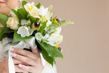 Bridal wedding bouquet of flowers on wedding day