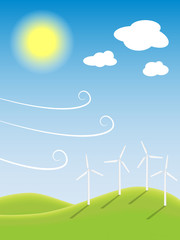 Wind turbines farm in nature landscape.