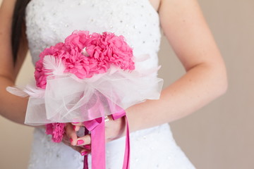 Bridal wedding bouquet of flowers on wedding day