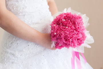 Bridal wedding bouquet of flowers on wedding day