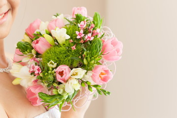 Bridal wedding bouquet of flowers on wedding day