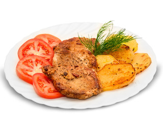 roasted steak meat with vegetables isolated on white background