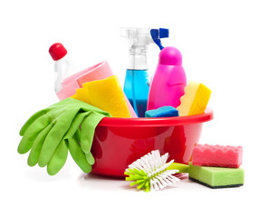 box of cleaning supplies
