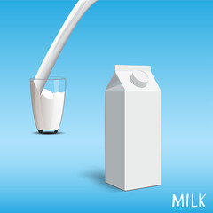 Glass of milk with a big blank pack.