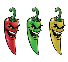 Cartoon illustration of evil looking hot chili peppers