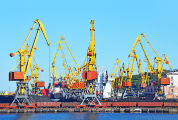 Obraz premium Cargo crane freight traine and coal in port