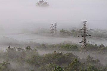 Electrical power lines and pylons emerging from the mist