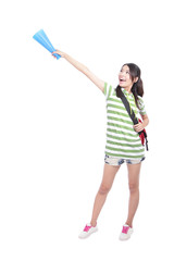 student woman hand pointing to empty copy space