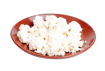 cheese from cow's milk in a plate  isolated on  white
