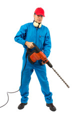 worker with a hammer drill on white background