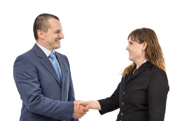 Portrait of successful business people shaking hands on a deal