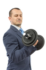 Naklejka premium Strong business man with dumbbell