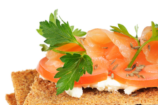 Snack. Bread with feta cheese and salmon.