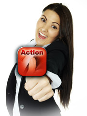 Pretty woman is pressing the action button
