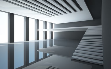 Abstract white interior with balcony stairs without railings.