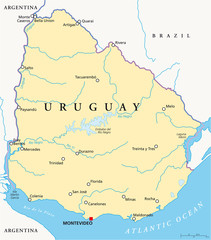 Uruguay political map with capital Montevideo, national borders, most important cities, rivers and lakes. Illustration with English labeling and scaling. Vector.