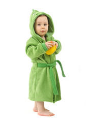 Kind mit Bademantel und Ente