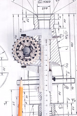 Calliper with part on Engineering drawing