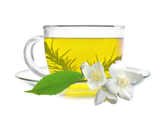 cup of green tea with jasmine flowers isolated on white