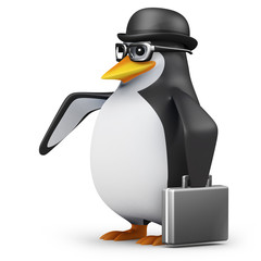 3d Penguin in glasses with briefcase and bowler