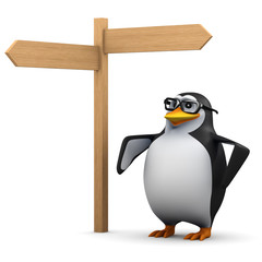 3d Penguin in glasses at branch in road