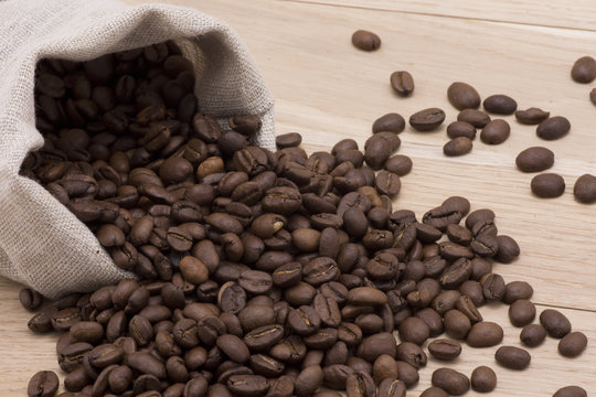 Coffee beans in a linen bag