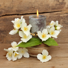 Candle and philadelphus flowers