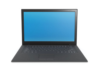 3d illustration: Laptop black, blue blank screen on white backgr