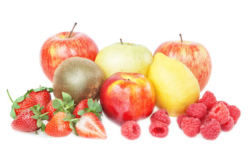 The group of tropical fruit vitamins.Peach, apple, strawberry, r