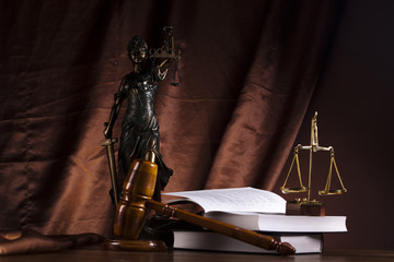 Law theme, mallet of judge, wooden gavel 