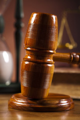 Law theme, mallet of judge, wooden gavel 