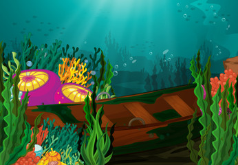coral and rowboat in deep sea
