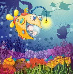 Wall murals Submarine monster fish and kids